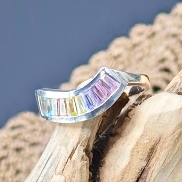 Sterling Silver multi color, flat band with front asymmetrical wave - Picture 4 of 6
